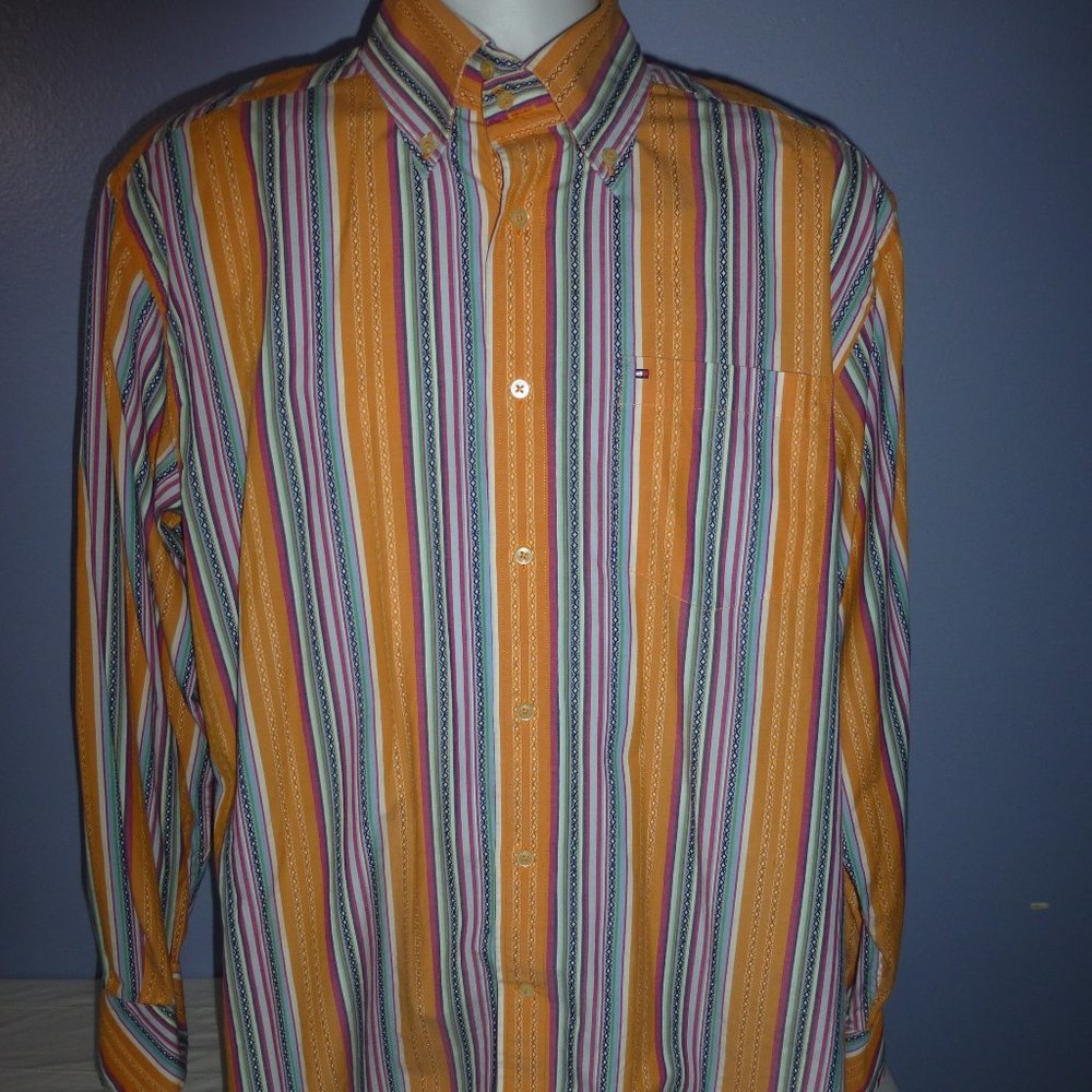 Men's Tommy Hilfiger 80's 2 Ply Orange Green Blue Striped Long Sleeve Shirt M